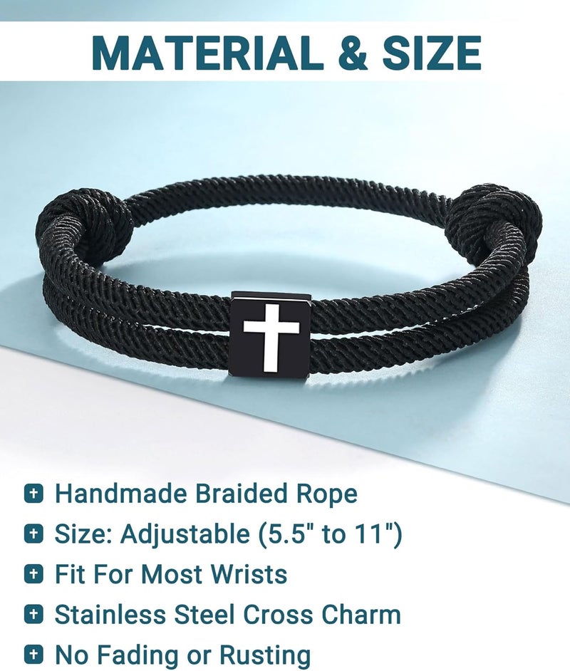 UNGENT THEM Men Adjustable Rope Cross Bracelet - Easter Christmas Christian Baptism Birthday Gifts for Teens - Image 3